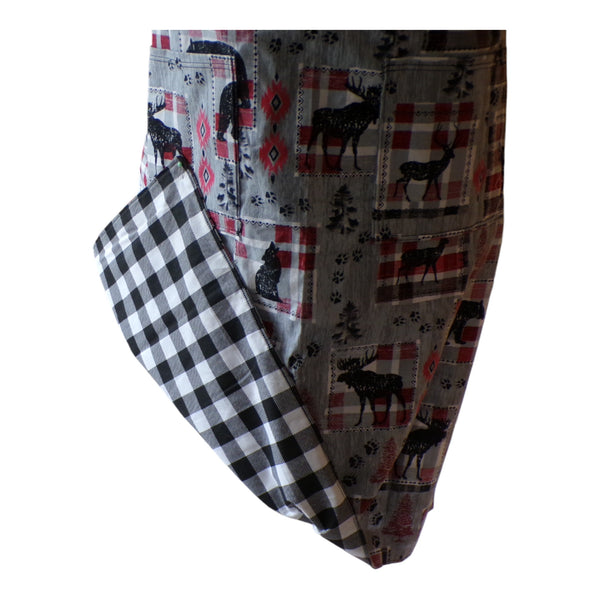 Apron with forest animals in grey  on front and black plaid on back