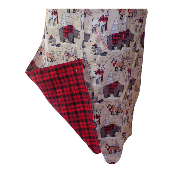 Apron with forest animal pattern with a plaid reverse