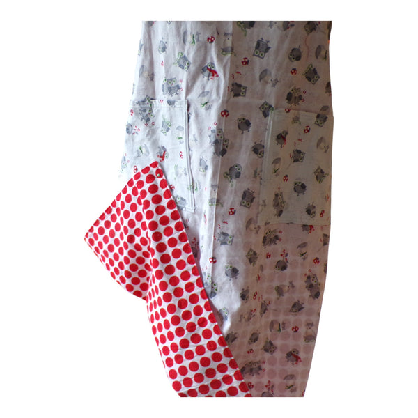 Apron with Owls and Fox on front and red dots on reverse