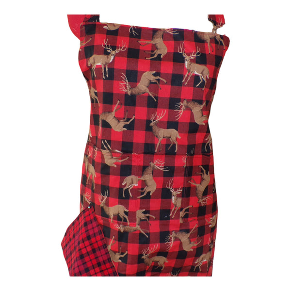 Red and black checkered back with deer pattern 