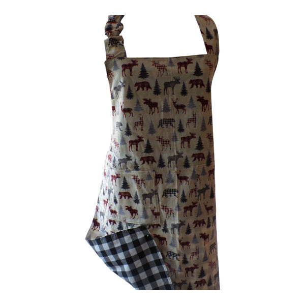 Apron with forest animals on front and black plaid on back