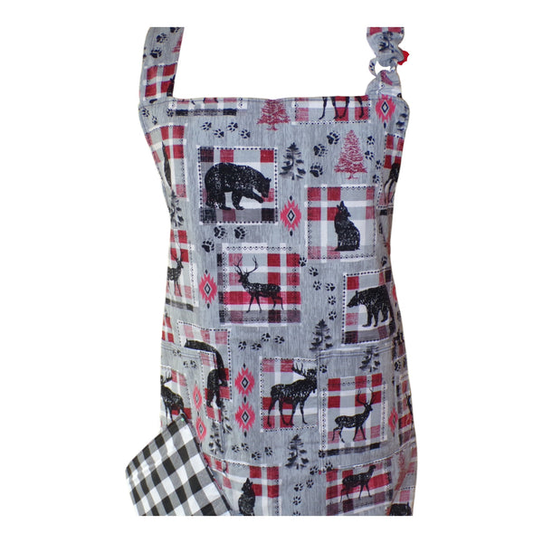 Apron with forest animals in grey  on front and black plaid on back 