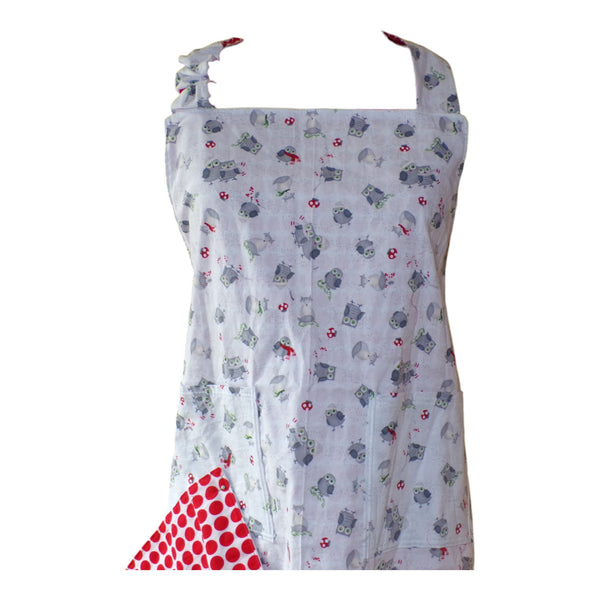 Apron with Owls and Fox on front and red dots on reverse